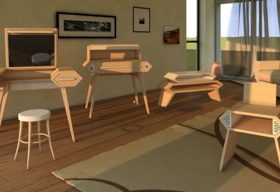 Modelisation 3 D d'une série de meubles d'ébénisterie connectés en style contemporain